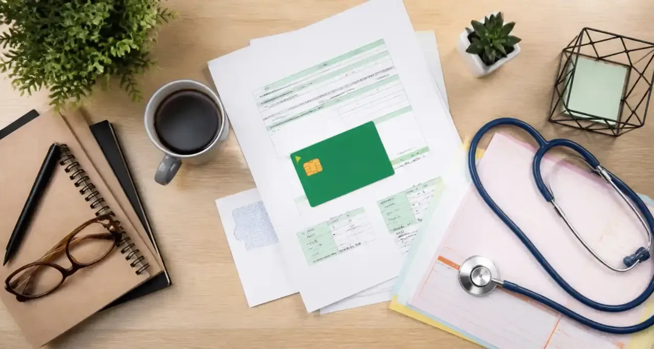 Carte Vitale posée sur des formulaires de remboursement de santé