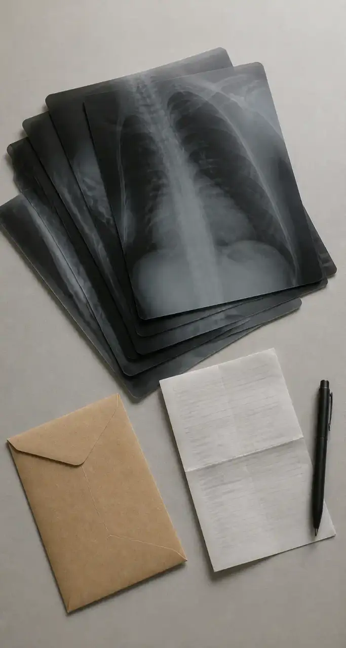 Clichés de radiographie empilés à côté d'un compte rendu papier et d'une enveloppe