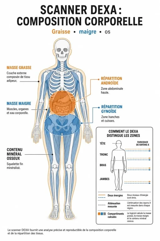 Schéma explicatif du scanner dexa montrant la masse grasse, la masse maigre, la densité osseuse et la répartition androïde/gynoïde
