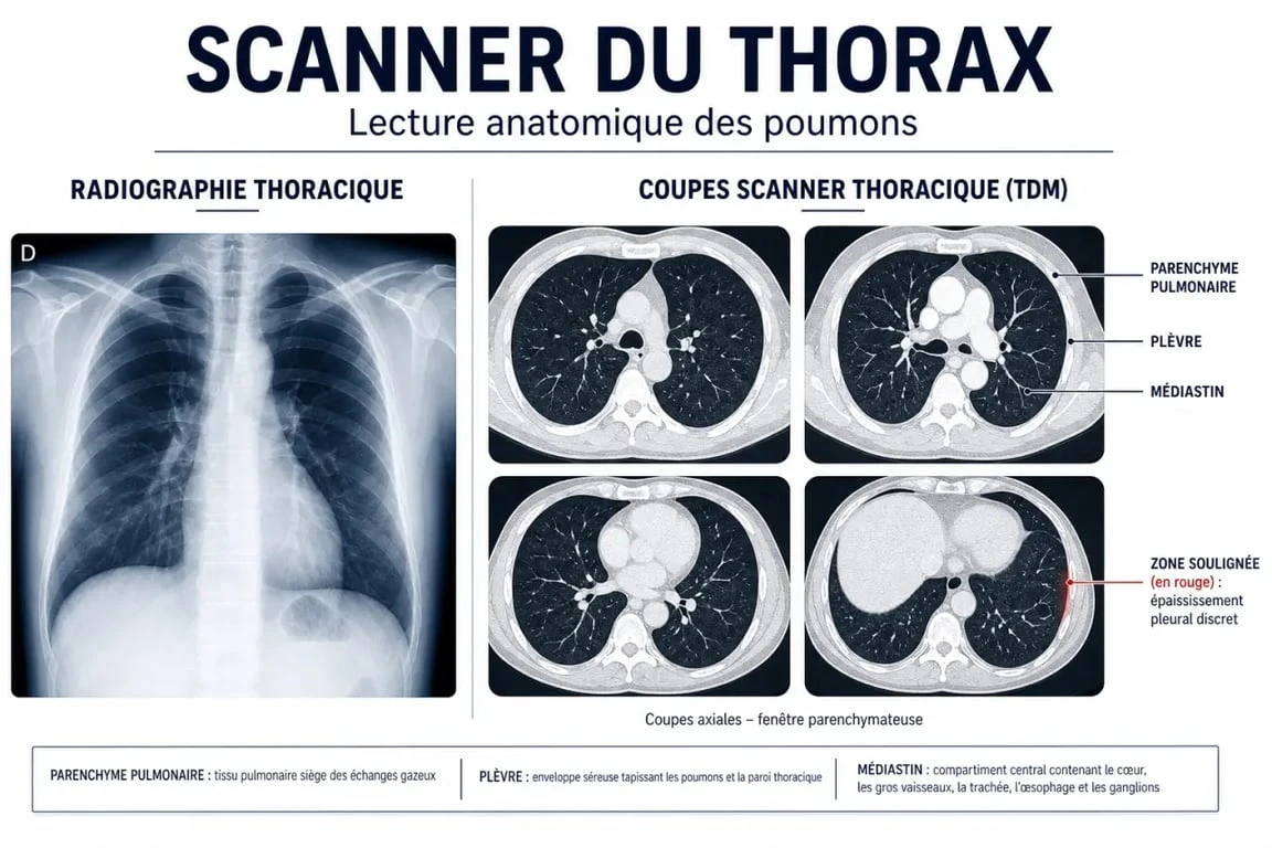 Scanner poumon : illustration comparant radiographie thoracique et scanner en coupes des poumons