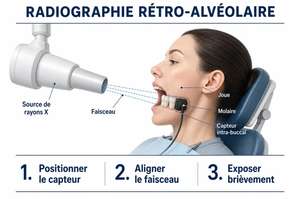 Schéma rétro alvéolaire du capteur intra-buccal et du faisceau X chez le dentiste