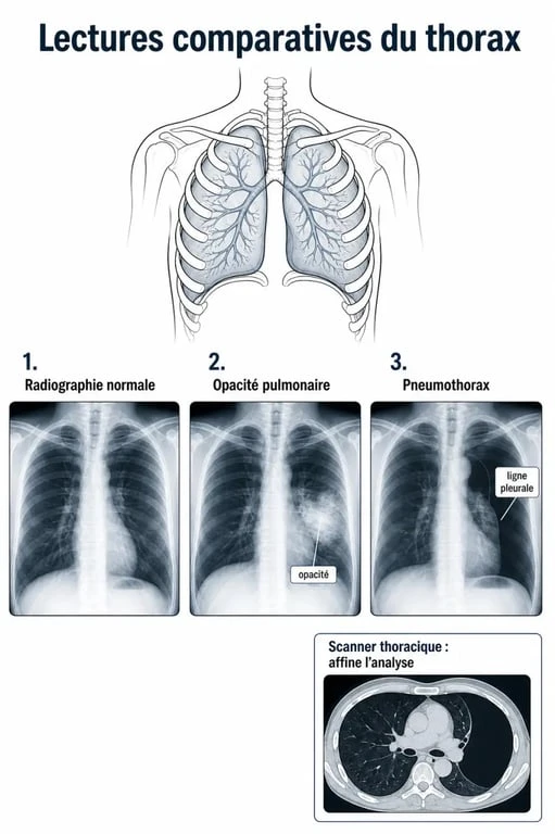 Radio poumon anormale : schéma comparant une radiographie thoracique normale, une opacité pulmonaire et un pneumothorax