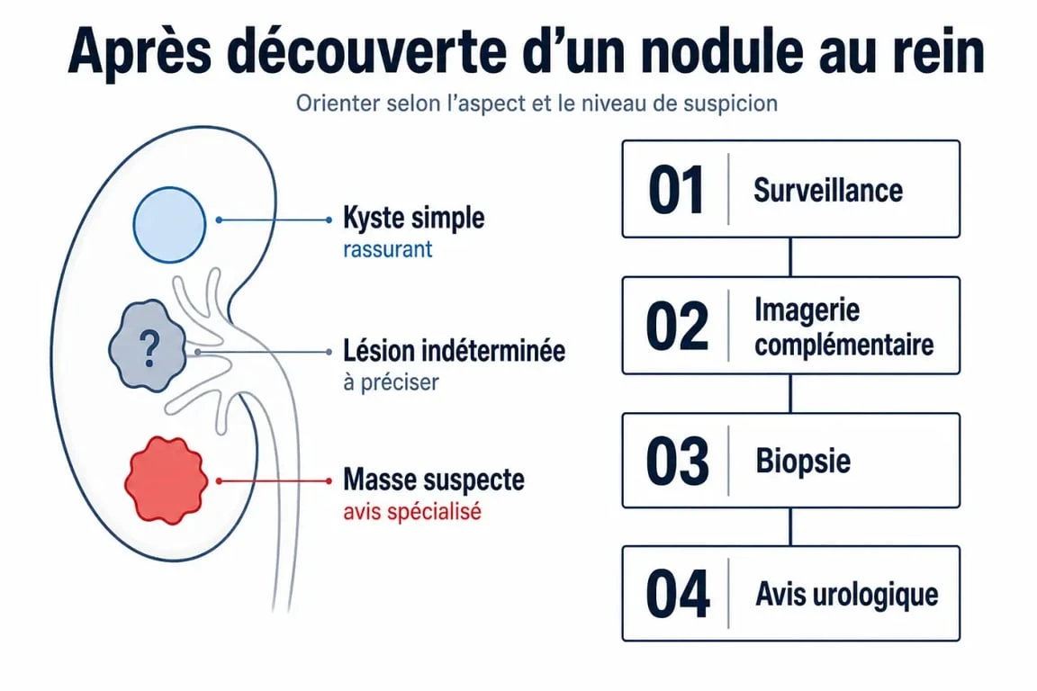 Nodule rein : schéma du parcours après découverte avec kyste simple, lésion indéterminée, surveillance, IRM, biopsie et avis urologique.