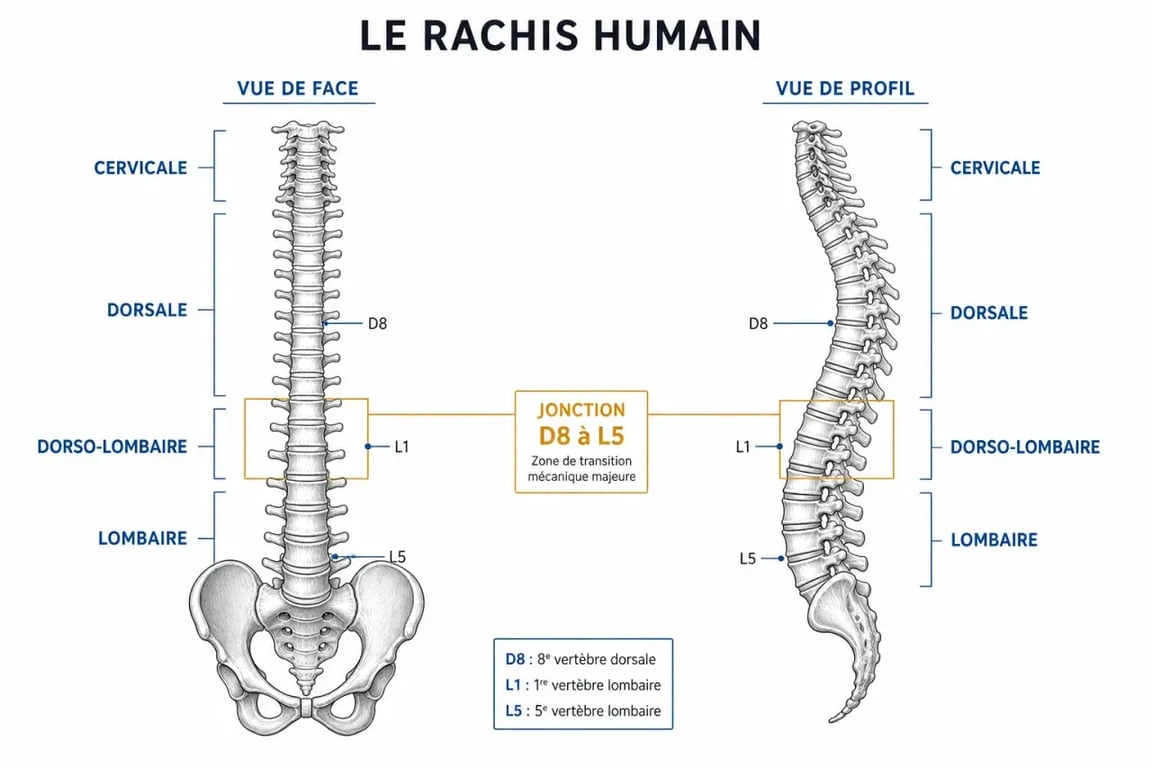 Radio du dos : schéma du rachis avec les zones cervicale, dorsale et lombaire, de D8 à L5