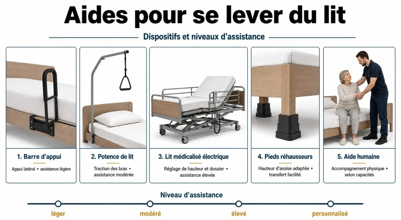 Comparatif du matériel médical pour se lever du lit avec barre d’appui, potence, lit médicalisé et rehausseurs
