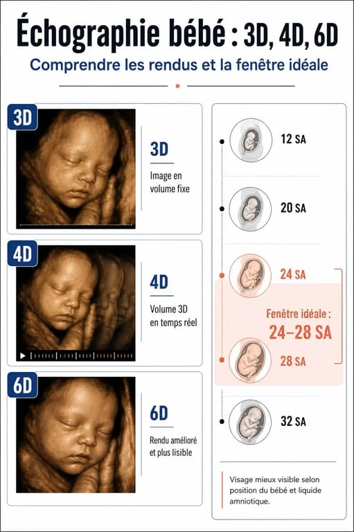 Infographie sur l’échographie 3d bébé comparant 3D, 4D et 6D et indiquant le meilleur moment entre 24 et 28 SA