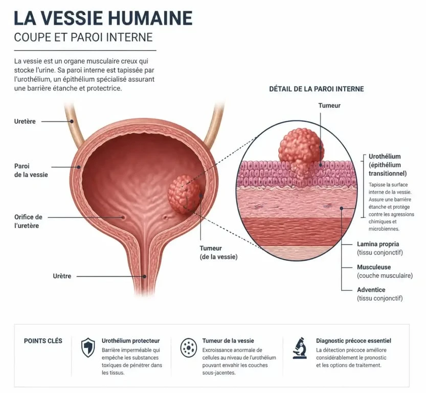 Schéma anatomique illustrant un polype de vessie sur l'urothélium