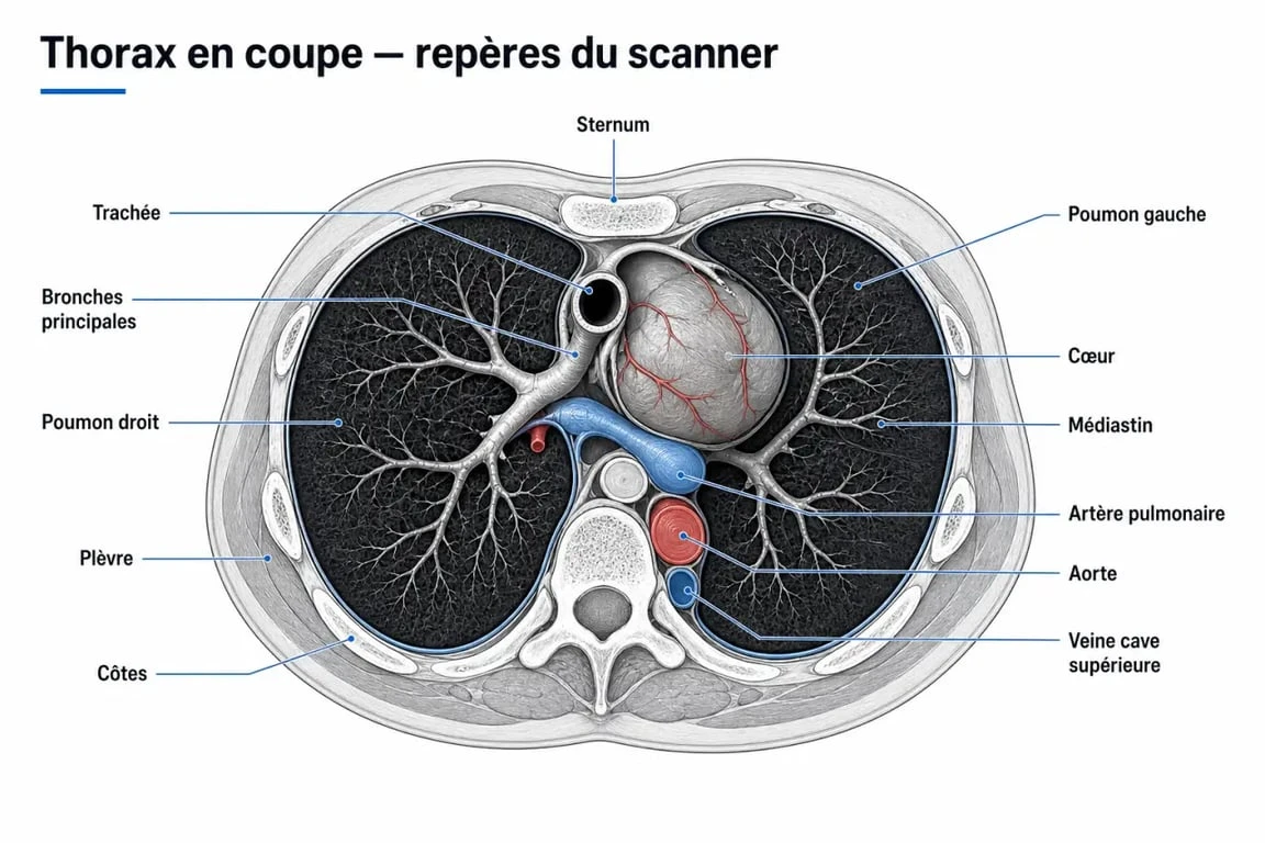 Quel organe voit-on sur un scanner thoracique : schéma du thorax montrant poumons, cœur, plèvre, médiastin et gros vaisseaux