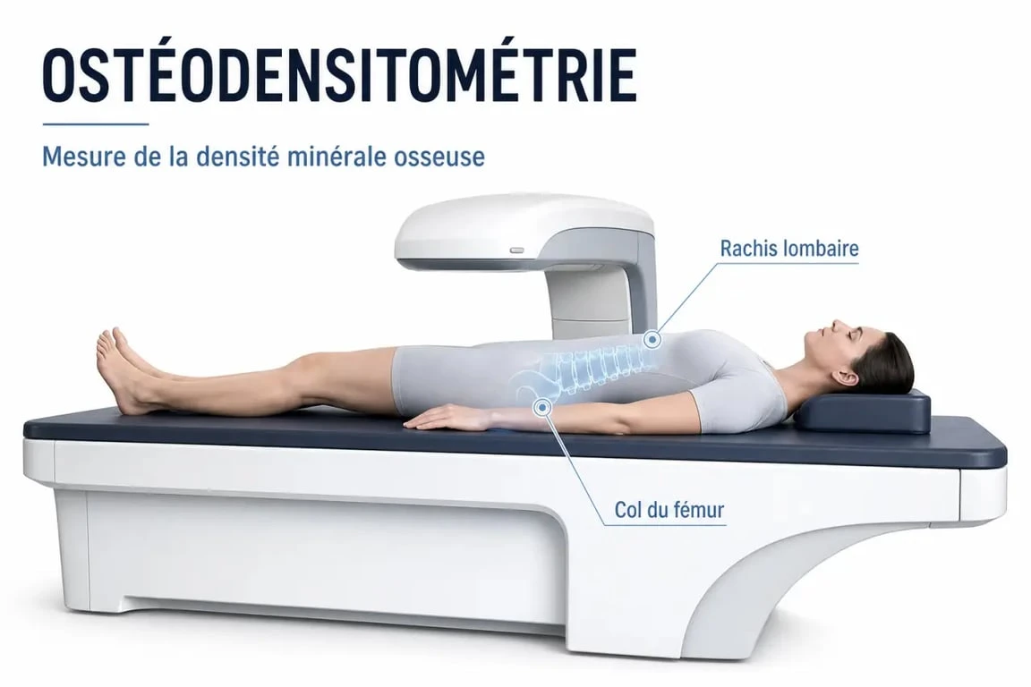 Examen pour les os par ostéodensitométrie montrant le rachis lombaire et le col du fémur