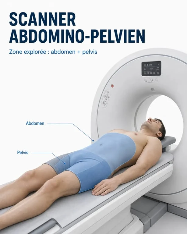 Schéma explicatif de l’abdomen scan montrant la zone explorée et le déroulement du scanner