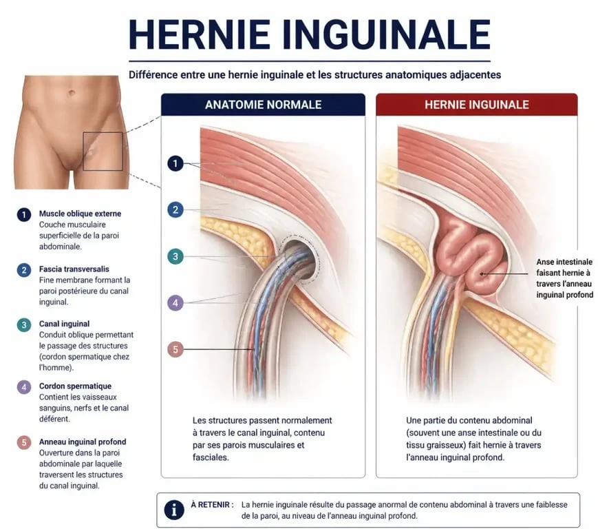 Schéma anatomique illustrant le diagnostic par imagerie de la hernie inguinale