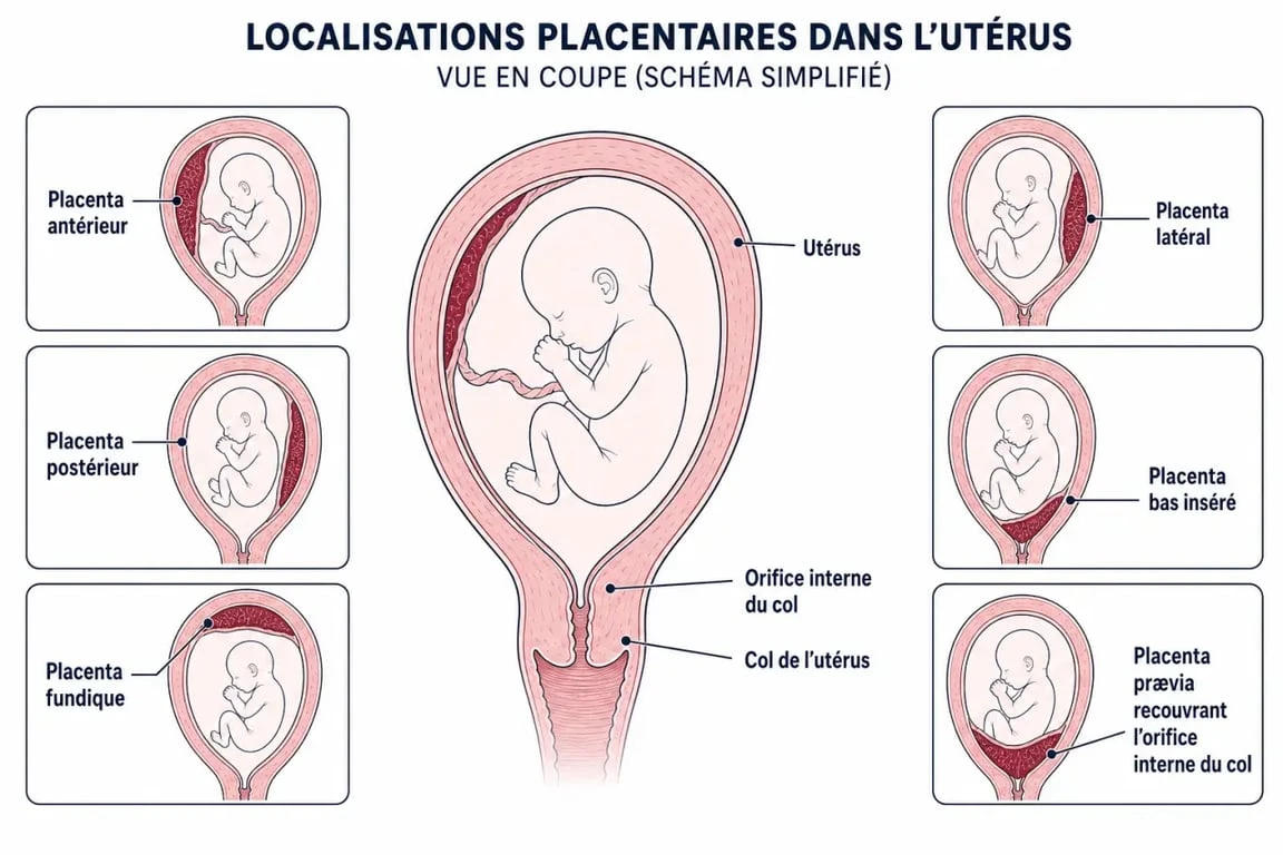 Placenta échographie : schéma des positions antérieure, postérieure, fundique, latérale, bas insérée et prævia