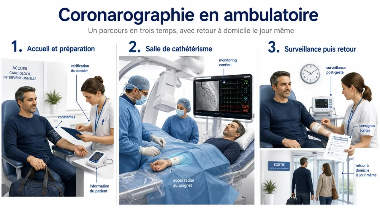 Coronarographie en ambulatoire : schéma du déroulé de l’examen avec ponction radiale, surveillance et retour à domicile le jour même