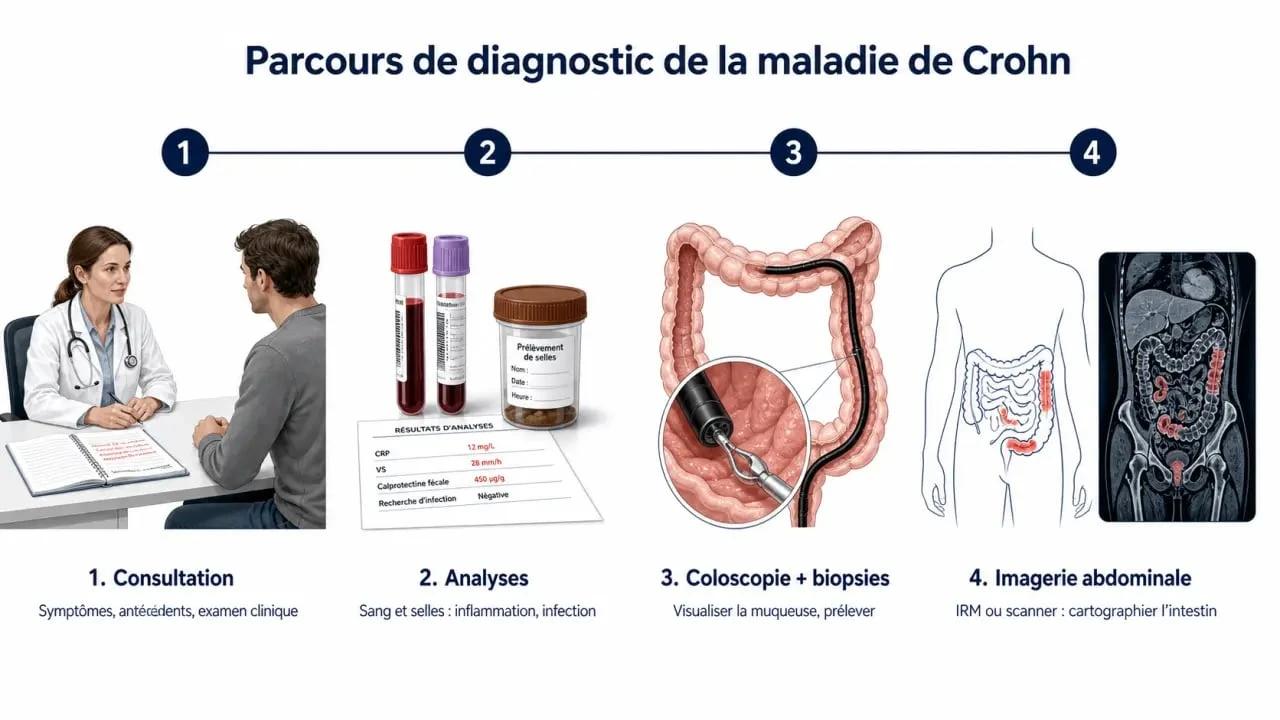 Diagnostiquer la maladie de Crohn : schéma du parcours de diagnostic entre consultation, analyses, coloscopie et imagerie