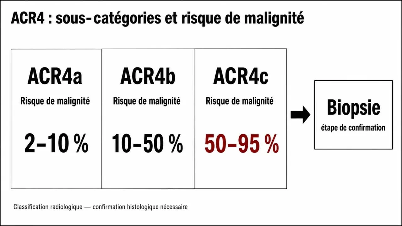 Schéma acr4 pourcentage cancer avec les sous-catégories ACR4a, ACR4b et ACR4c et l’étape de biopsie