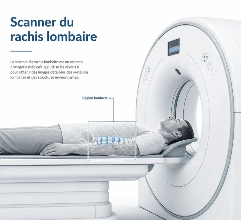 Scanner du rachis lombaire : schéma médical du déroulé de l’examen avec la région lombaire mise en évidence