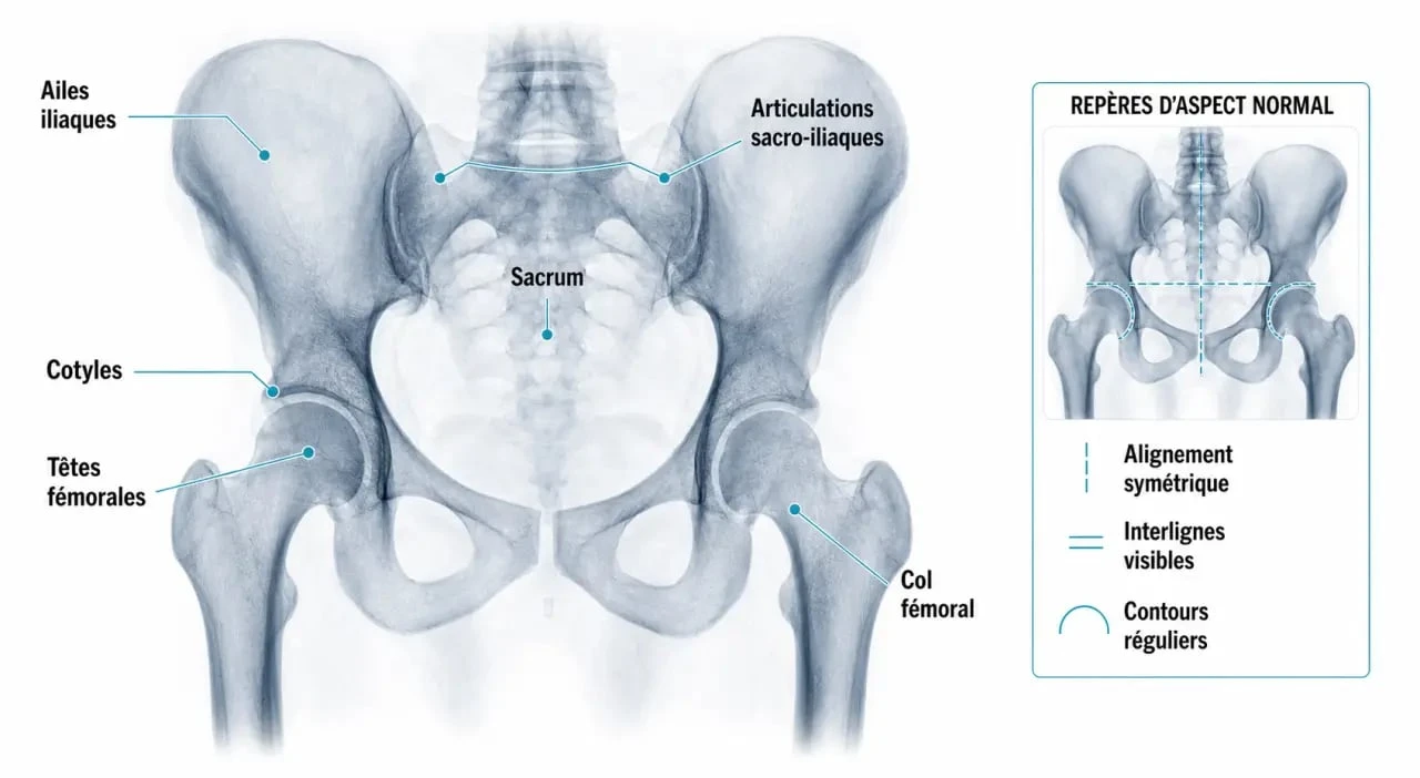 Radiographie bassin normale illustrée avec repères anatomiques du bassin et des hanches