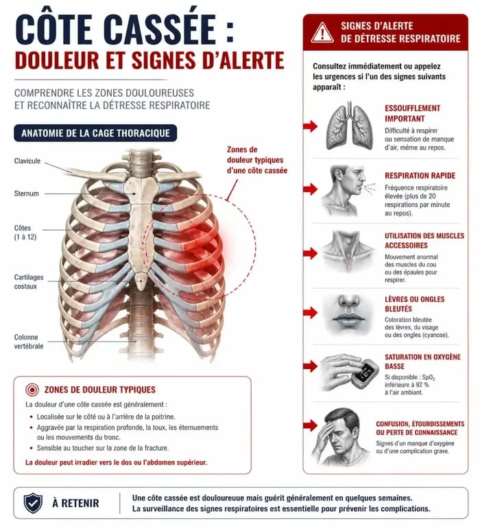 Infographie des symptômes et signes d'alerte d'une cote cassée que faire