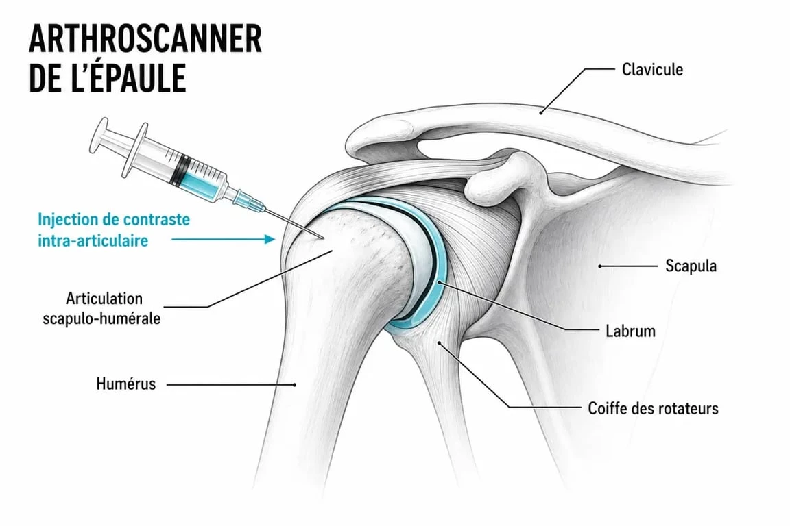 Schéma d’arthroscanner épaule montrant l’articulation et l’injection de contraste