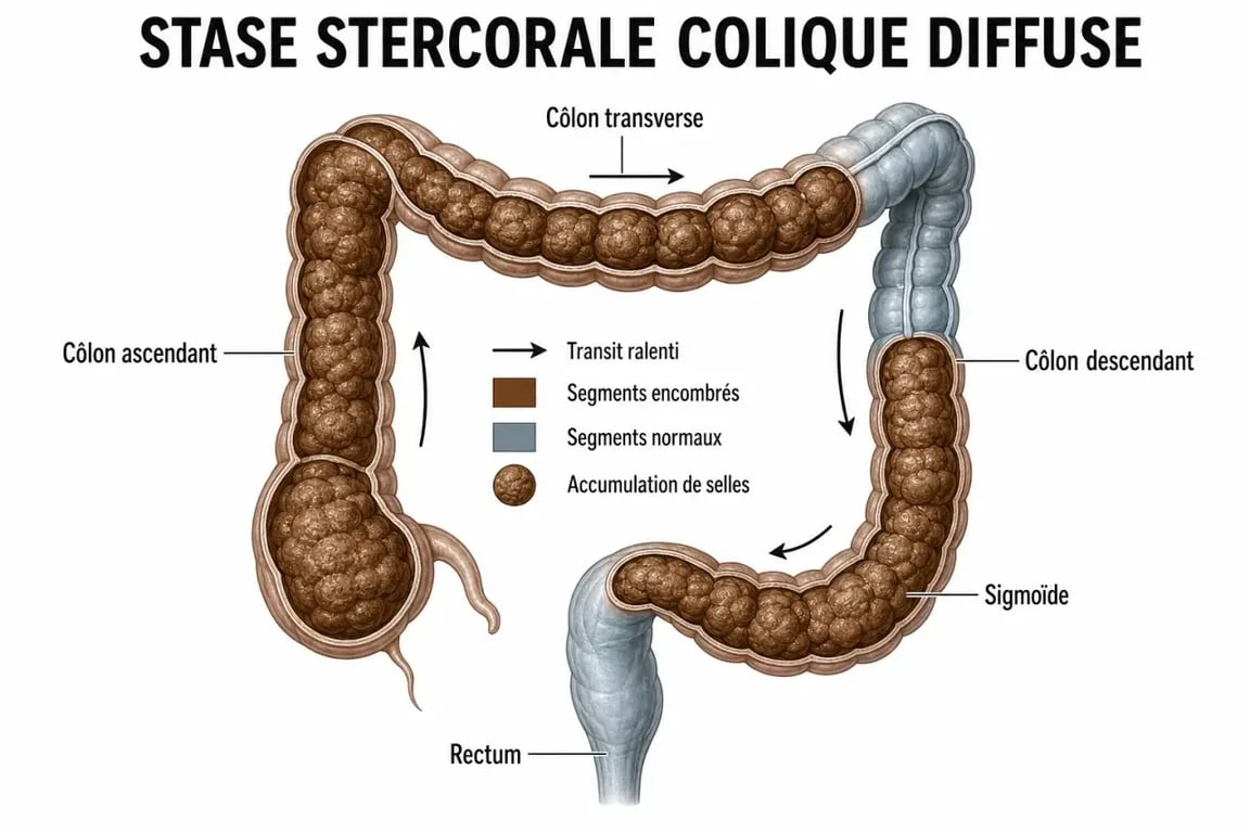 Schéma de stase stercorale colique diffuse dans le côlon humain avec accumulation de selles