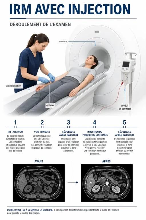 IRM injection : schéma du déroulement de l’examen avec produit de contraste