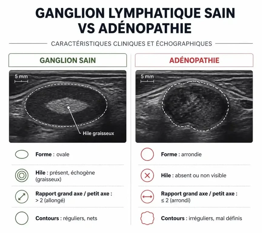 Comparaison visuelle entre un ganglion lymphatique sain et une adénopathie infracentimétrique