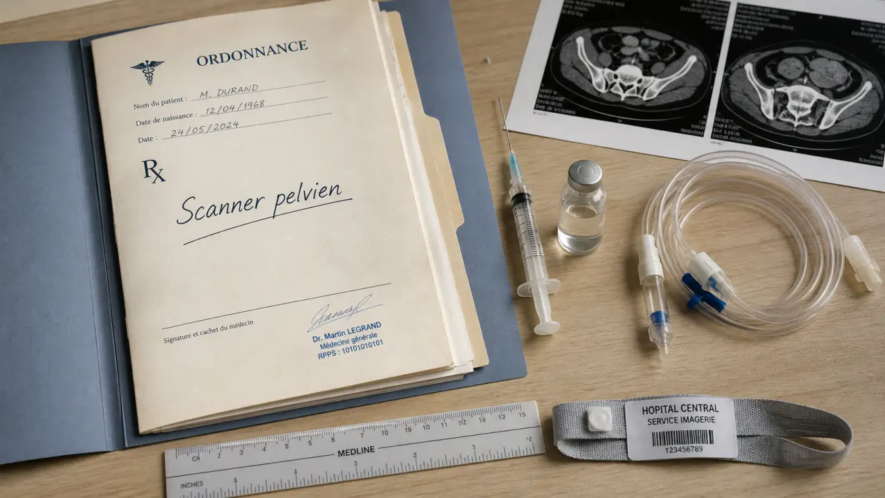 Scanner pelvien : injection iodée, seringue et précautions médicales