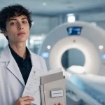 Scanner sinus : patient devant un portique d’imagerie