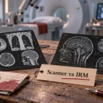 Différence entre scanner et IRM : scanner poumons os, IRM tissus mous