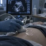 Écho abdo : sonde échographie sur abdomen, préparation