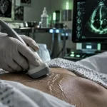 Échographie cardiaque : sonde d’échographie transthoracique et écran Doppler