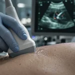 Échographie sans rayons X : sonde et gel sur la peau