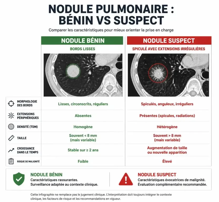 Comparaison visuelle entre un nodule pulmonaire bénin et un nodule spiculé suspect