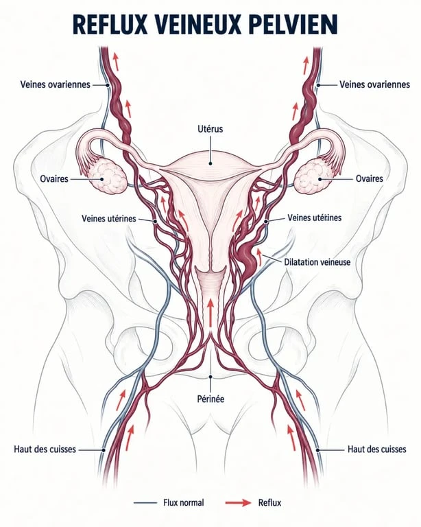 Schéma des varices pelviennes et du reflux veineux autour de l’utérus et des ovaires