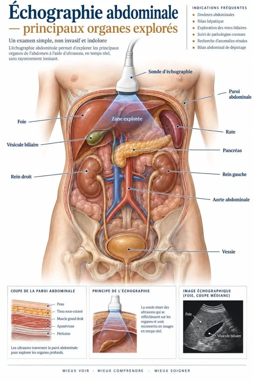 Schéma des organes explorés lors d’une écho abdo ou échographie abdominale