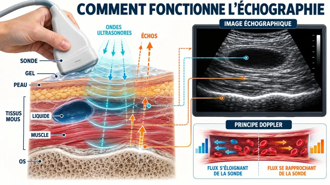 Schéma pédagogique expliquant le fonctionnement d’une échographie et du Doppler