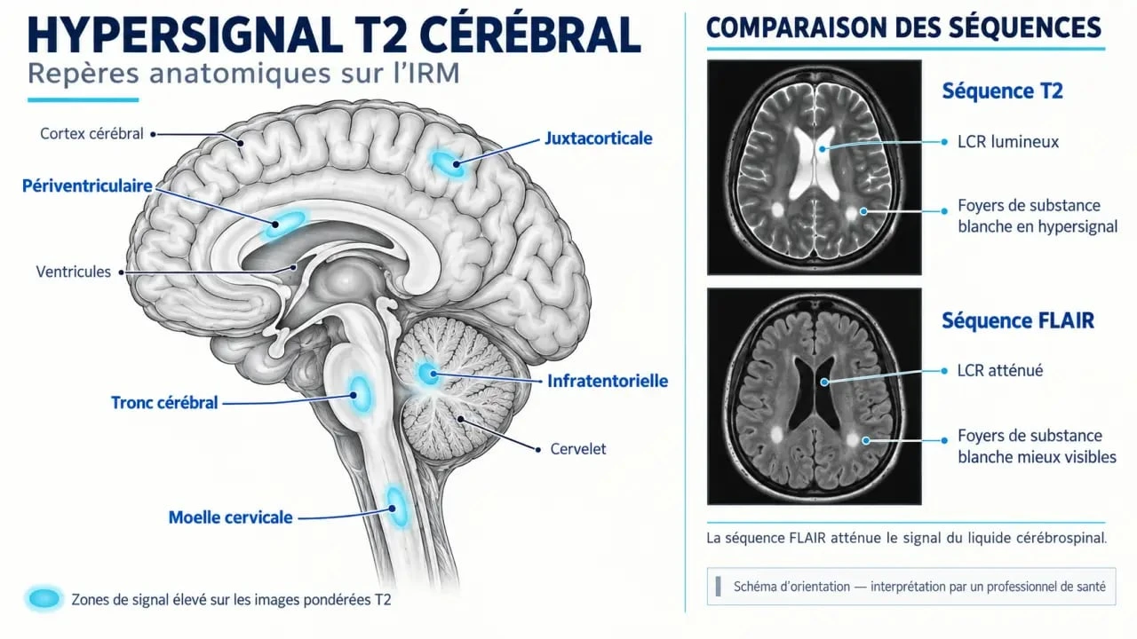 Schéma explicatif d’un hypersignal T2 dans la substance blanche du cerveau et comparaison avec la séquence FLAIR