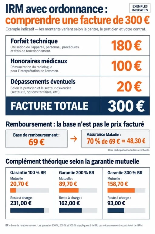Infographie sur le prix irm avec ordonnance, le remboursement et le reste à charge