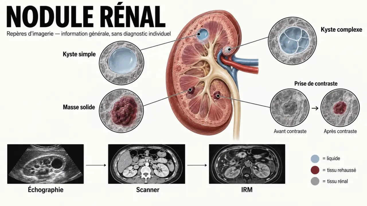 Illustration scientifique d’un nodule sur les reins et des différents aspects observés en imagerie
