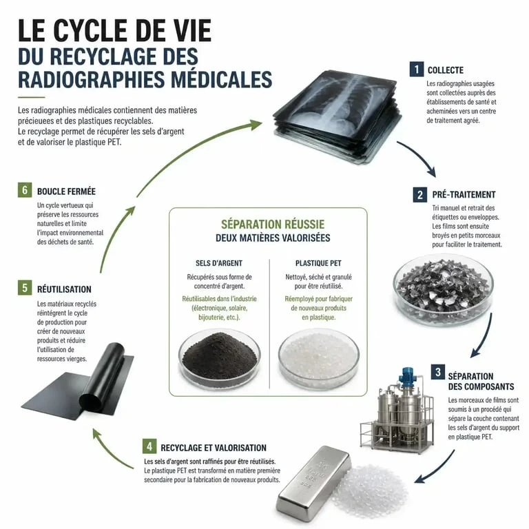 Infographie sur le recyclage des radiographies médicales et la récupération des métaux précieux