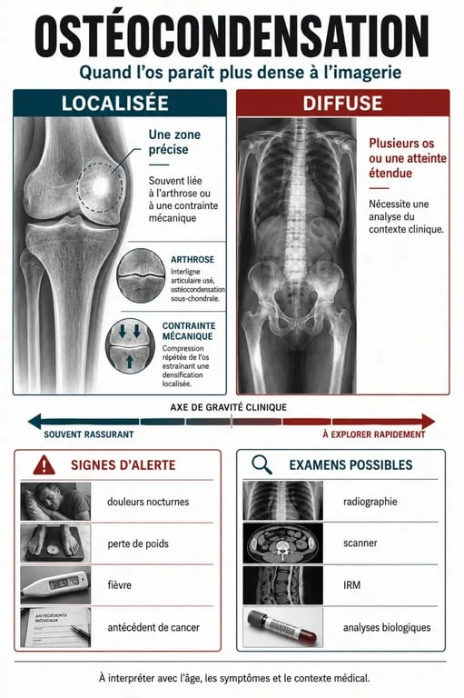 Ostéocondensation est-ce grave : infographie comparant les formes localisées et diffuses avec signes d’alerte et examens possibles
