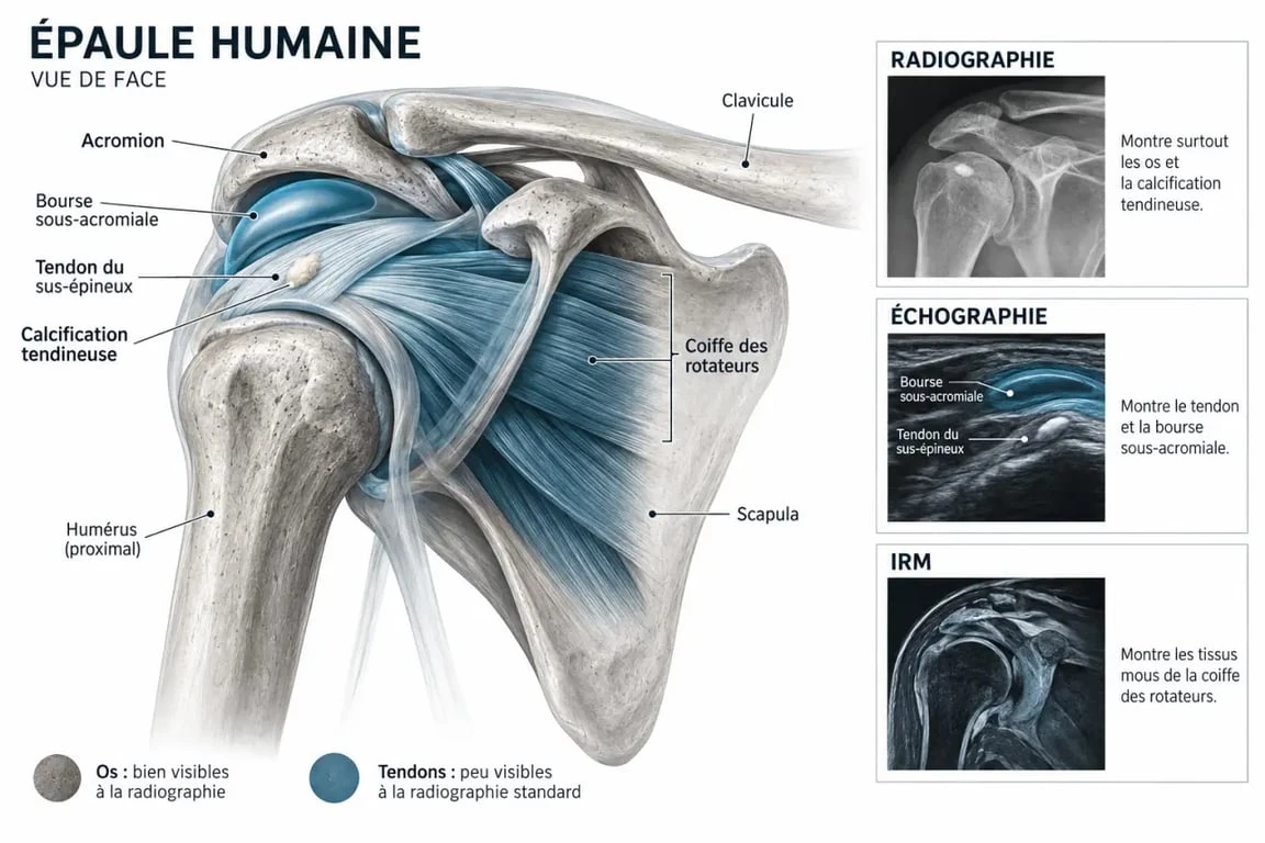 Schéma de radio épaule tendinite montrant la coiffe des rotateurs et les structures visibles à la radiographie
