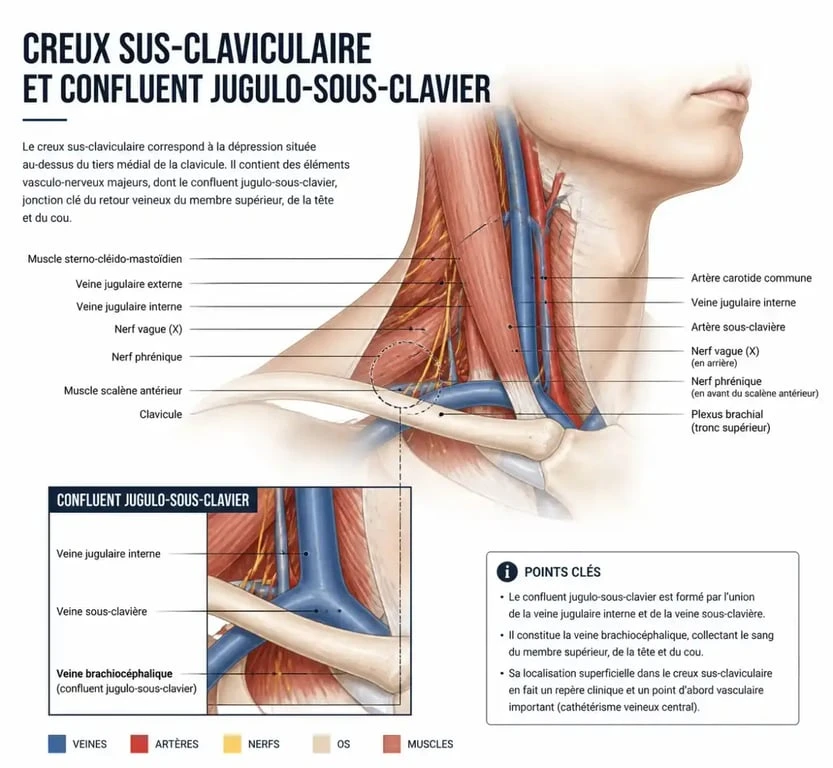 Schéma anatomique du creux sus-claviculaire gonflé pour comprendre la zone de diagnostic
