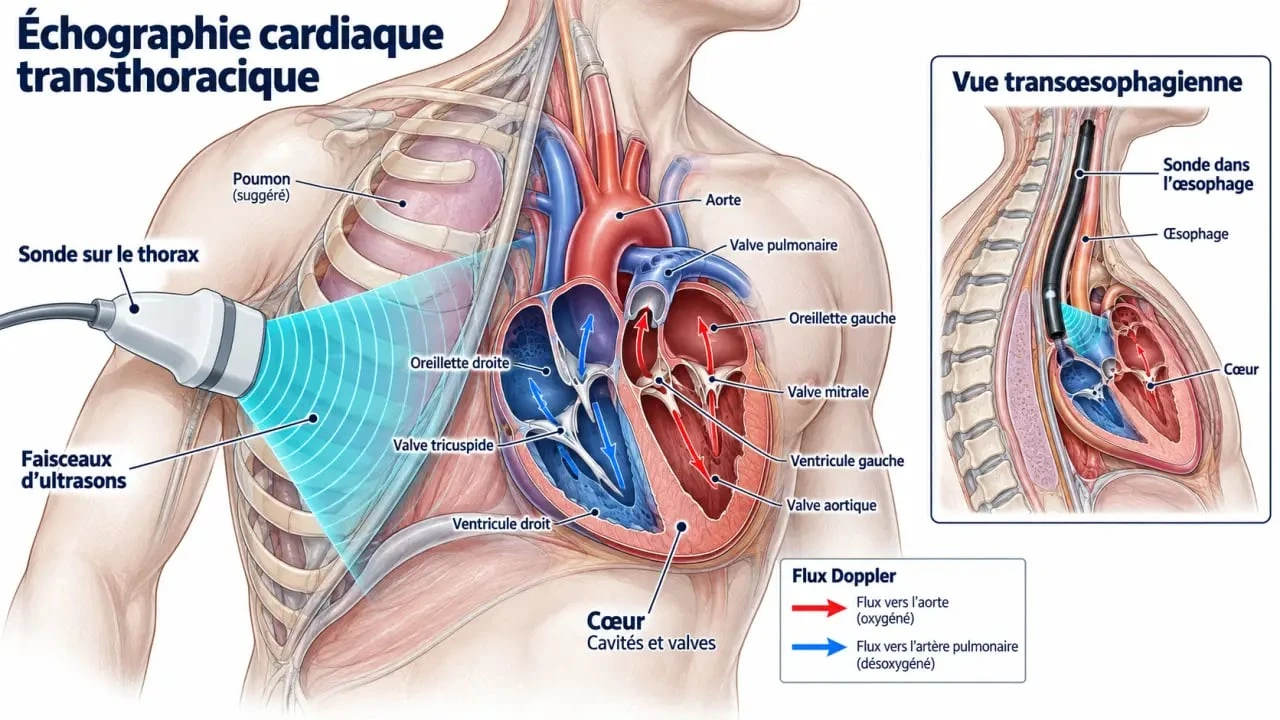 Schéma d’une échographie cardiaque transthoracique avec sonde, valves et flux sanguin Doppler