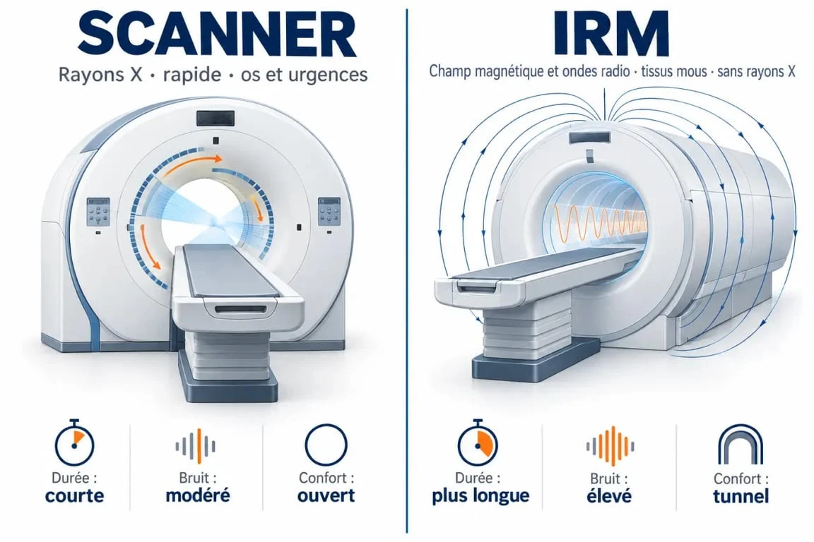 Différence entre scanner et IRM : comparaison visuelle des technologies, de l’irradiation et des principales indications