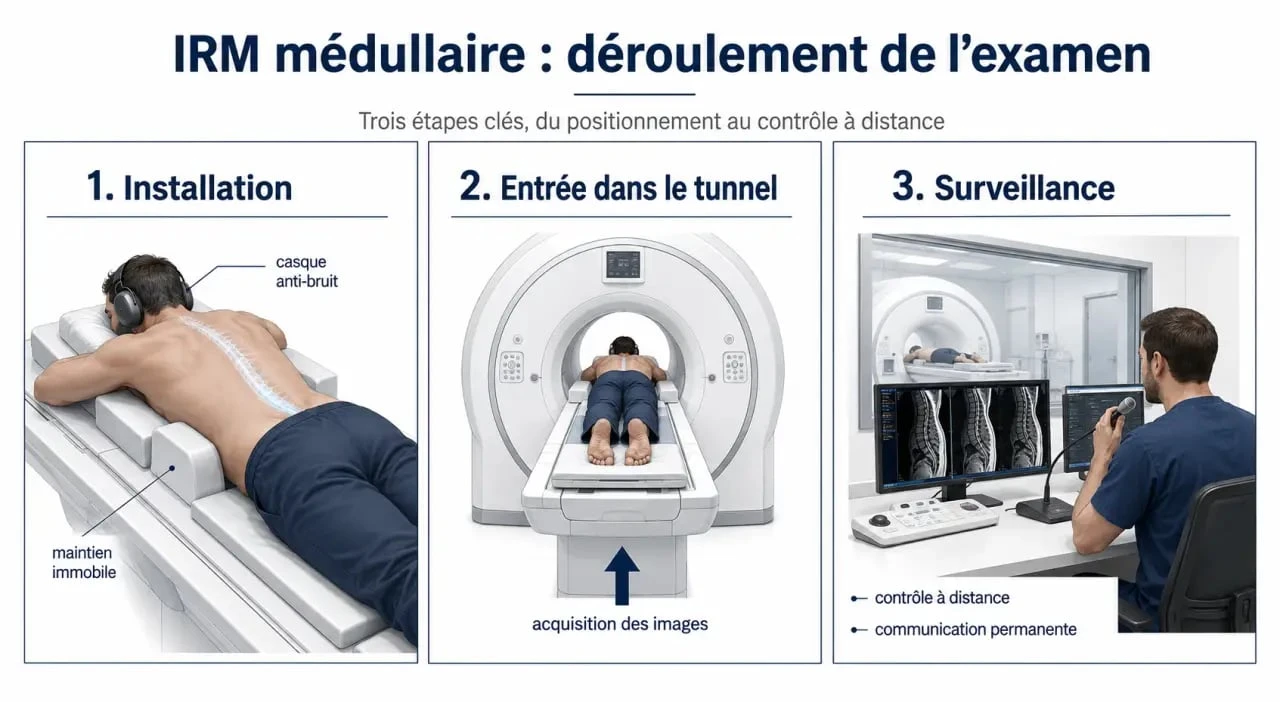 IRM médullaire : déroulement de l'examen avec patient sur la table d'IRM
