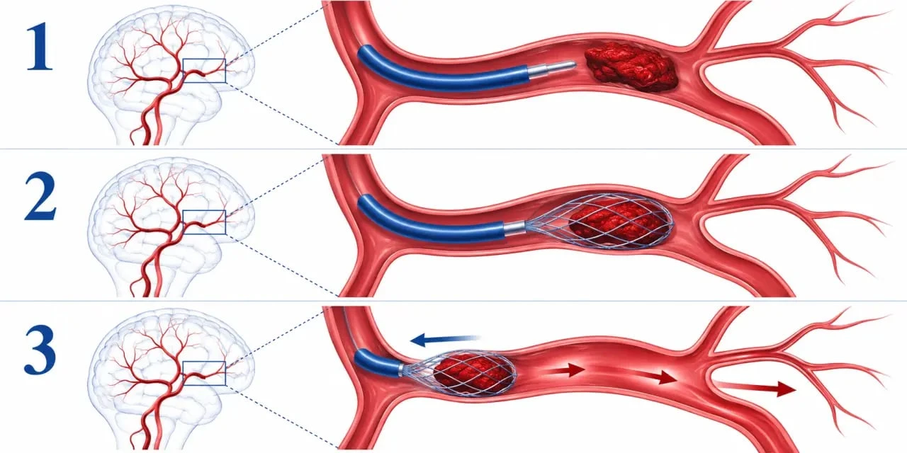 Schéma de la thrombectomie réalisée en neuroradiologie interventionnelle