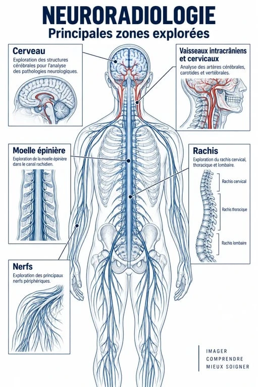 Schéma pédagogique des zones explorées en neuroradiologie : cerveau, moelle épinière, rachis et vaisseaux