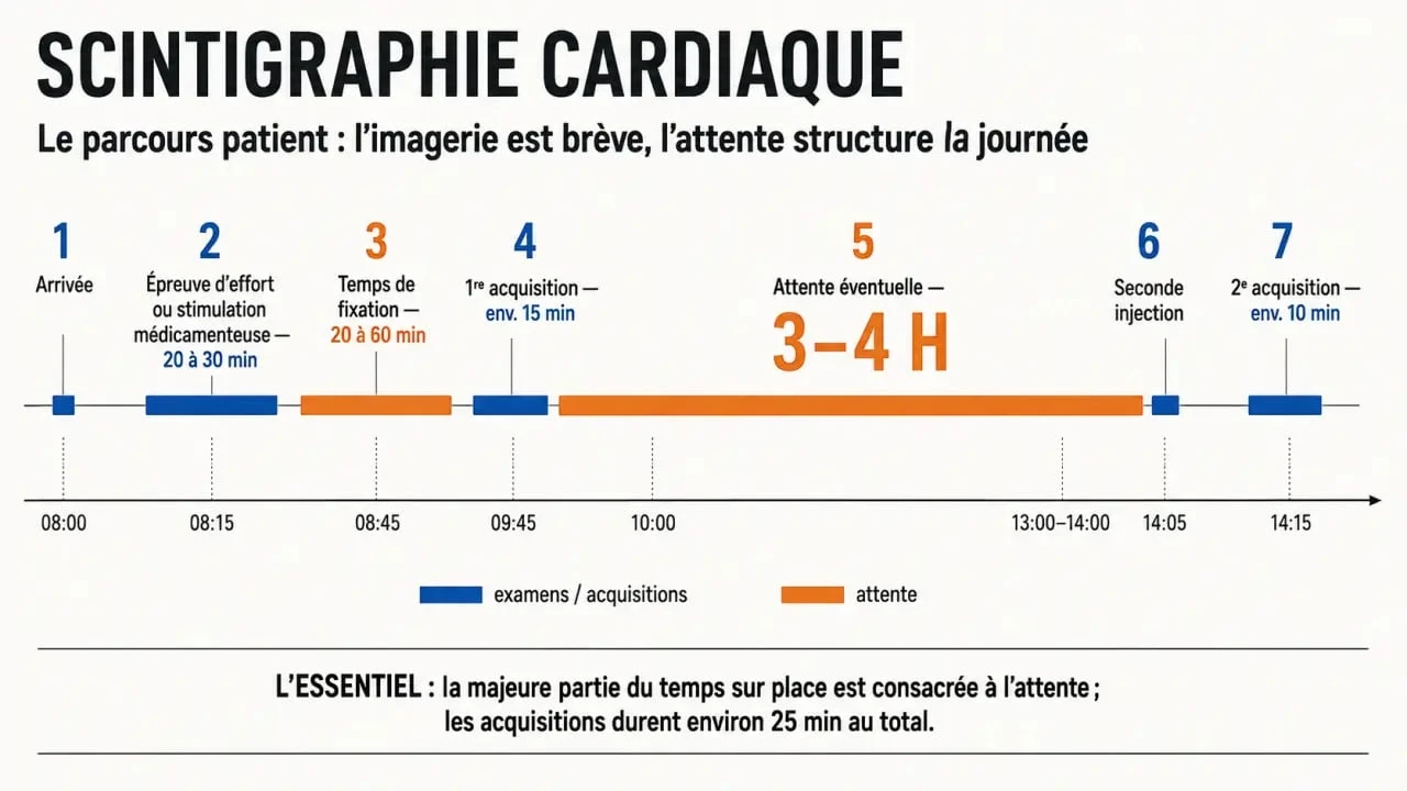 Infographie sur la scintigraphie cardiaque durée de l'examen et les différentes phases d'attente et d'imagerie