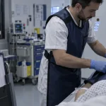 Formation manipulateur radio reconversion en hôpital : manipulateur ajuste le patient au scanner